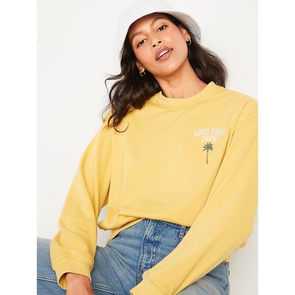 Old Navy Vintage Cropped French Terry Sweatshirt Good Vibes Crew NWT 4X - Picture 1 of 5
